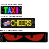 Three flexible Car LED Displays showcasing 'TAXI', 'CHEERS', and animated designs, perfect for customization.