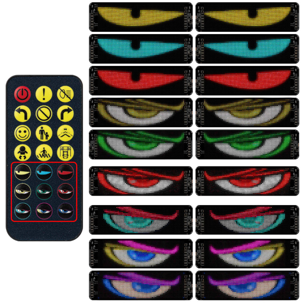 Gelrova car LED display demo featuring 9 colorful Demon Eye effects and remote control for easy operation.