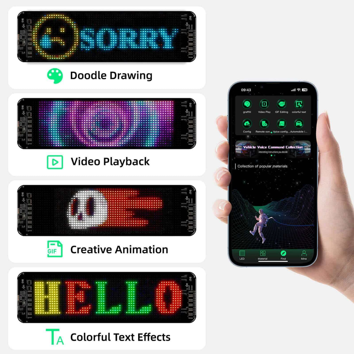 Showcasing Gelrova Car LED Display features: doodle drawing, video playback, animations, and colorful text effects.