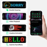 Showcasing Gelrova Car LED Display features: doodle drawing, video playback, animations, and colorful text effects.