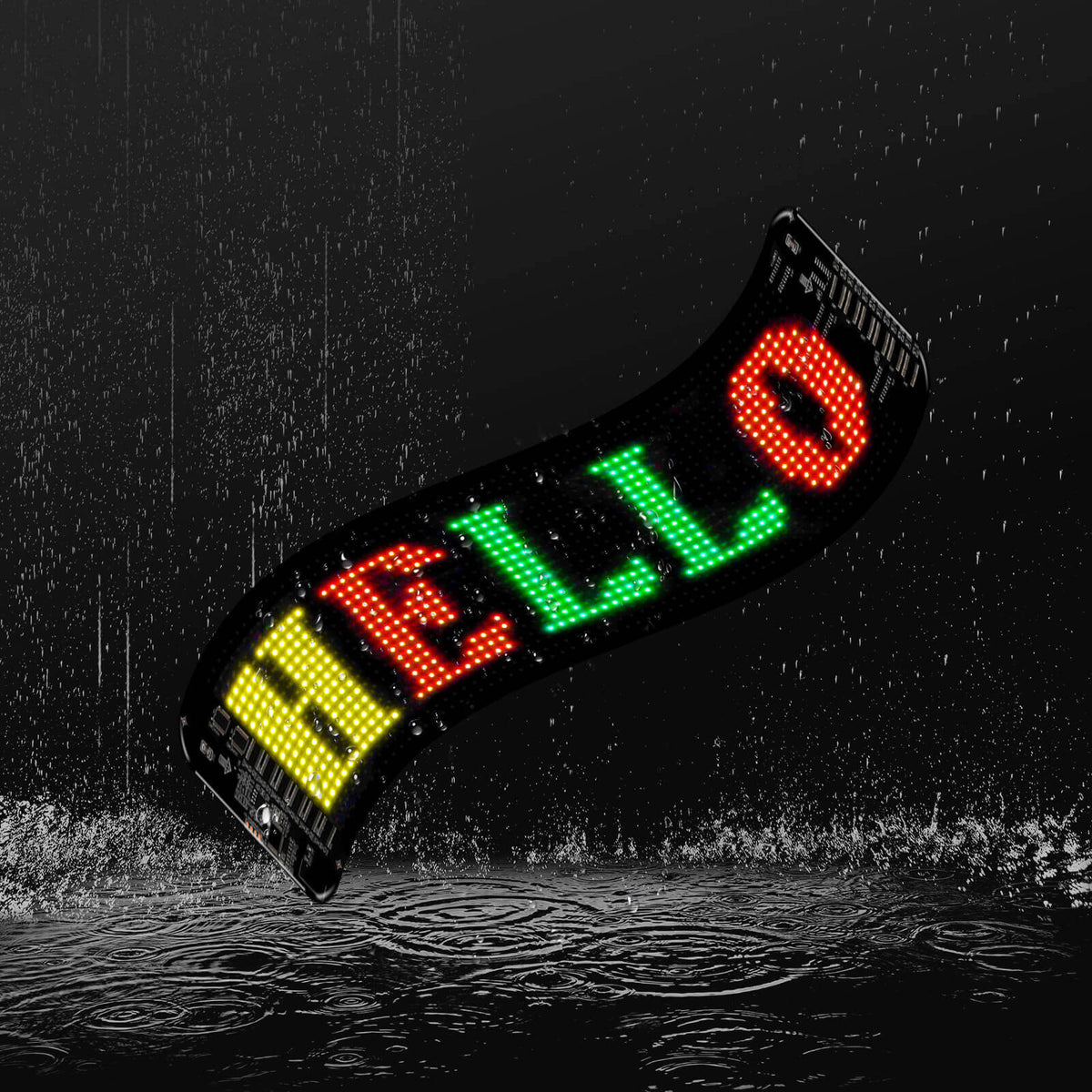 Gelrova car LED display showcasing vibrant "HELLO" text, water-resistant design for durability.