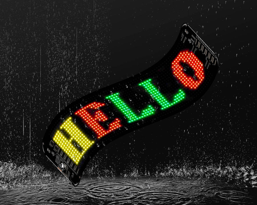 Gelrova car LED display showcasing vibrant "HELLO" text, water-resistant design for durability.