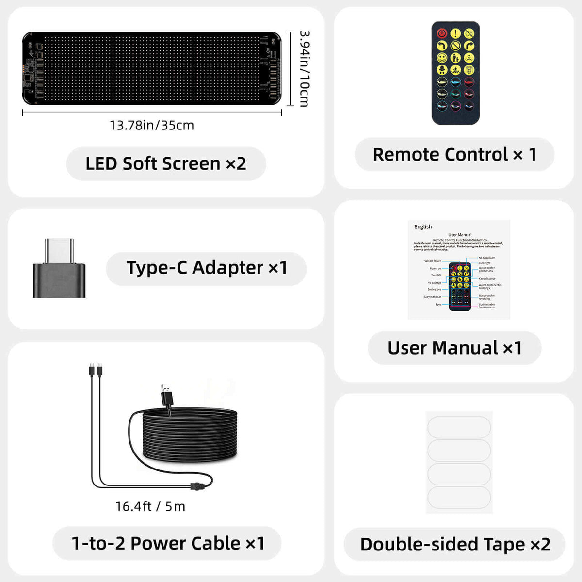 Gelrova Car LED Display kit with dual soft screens, remote control, and installation accessories.