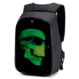 Gelrova LED motorcycle backpack with green skull design, customizable via LOY PLAY app.