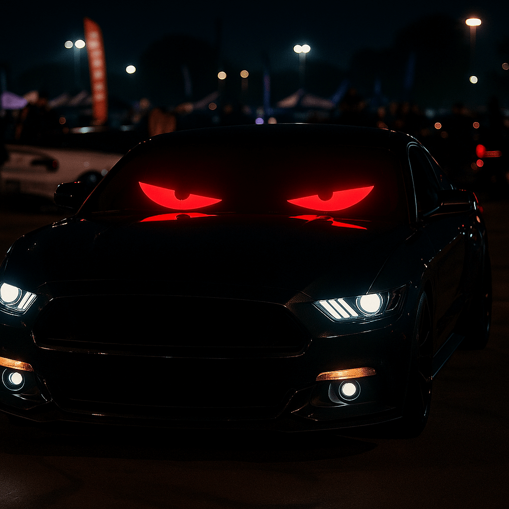 Car with red LED Demon Eyes display at night, showcasing impressive lighting effects for a striking appearance.