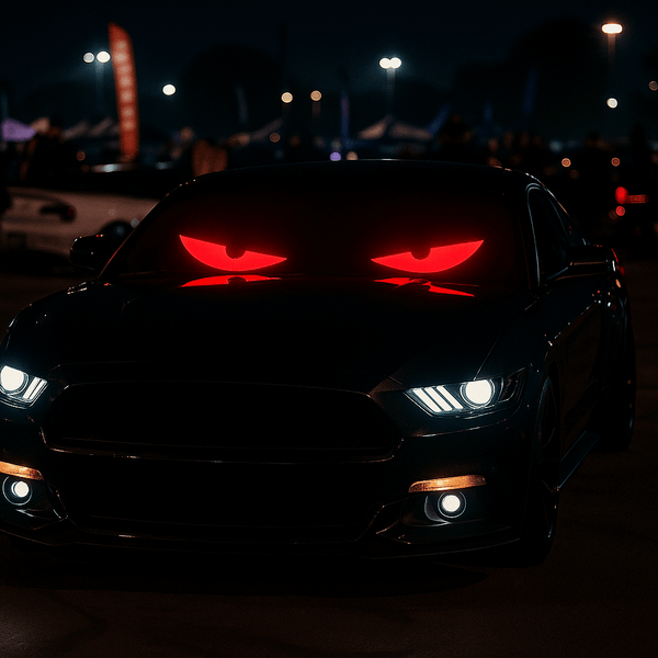 Car with red LED Demon Eyes display at night, showcasing impressive lighting effects for a striking appearance.