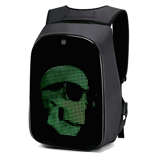 Gelrova LED Motorcycle Backpack Rampage Series 17" with customizable skull design via LOY PLAY app.