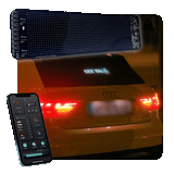 Gelrova Customizable Car LED Display on a car showing 'SEE YA' message with smartphone app connected