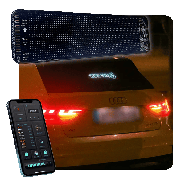 Gelrova Customizable Car LED Display on a car showing 'SEE YA' message with smartphone app connected