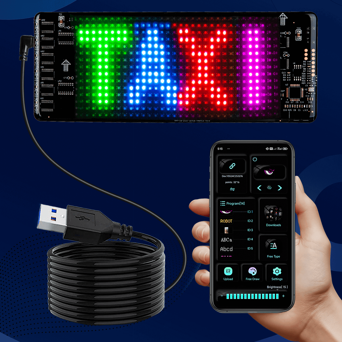 Gelrova Car LED Display showing 'TAXI' text while connected via app on a smartphone, featuring customizable animations.