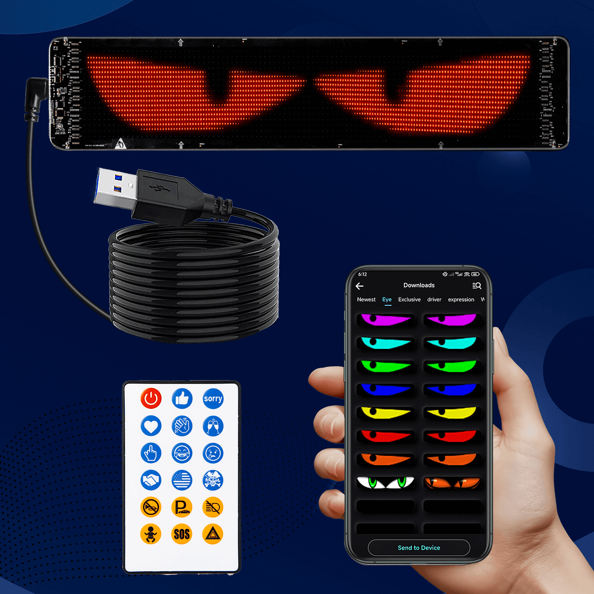 Flexible Car LED Display with remote, app control, and customizable visuals for personalization.