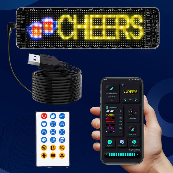 Gelrova Car LED Display showing 'CHEERS' with app control, USB connection, and remote for customization.