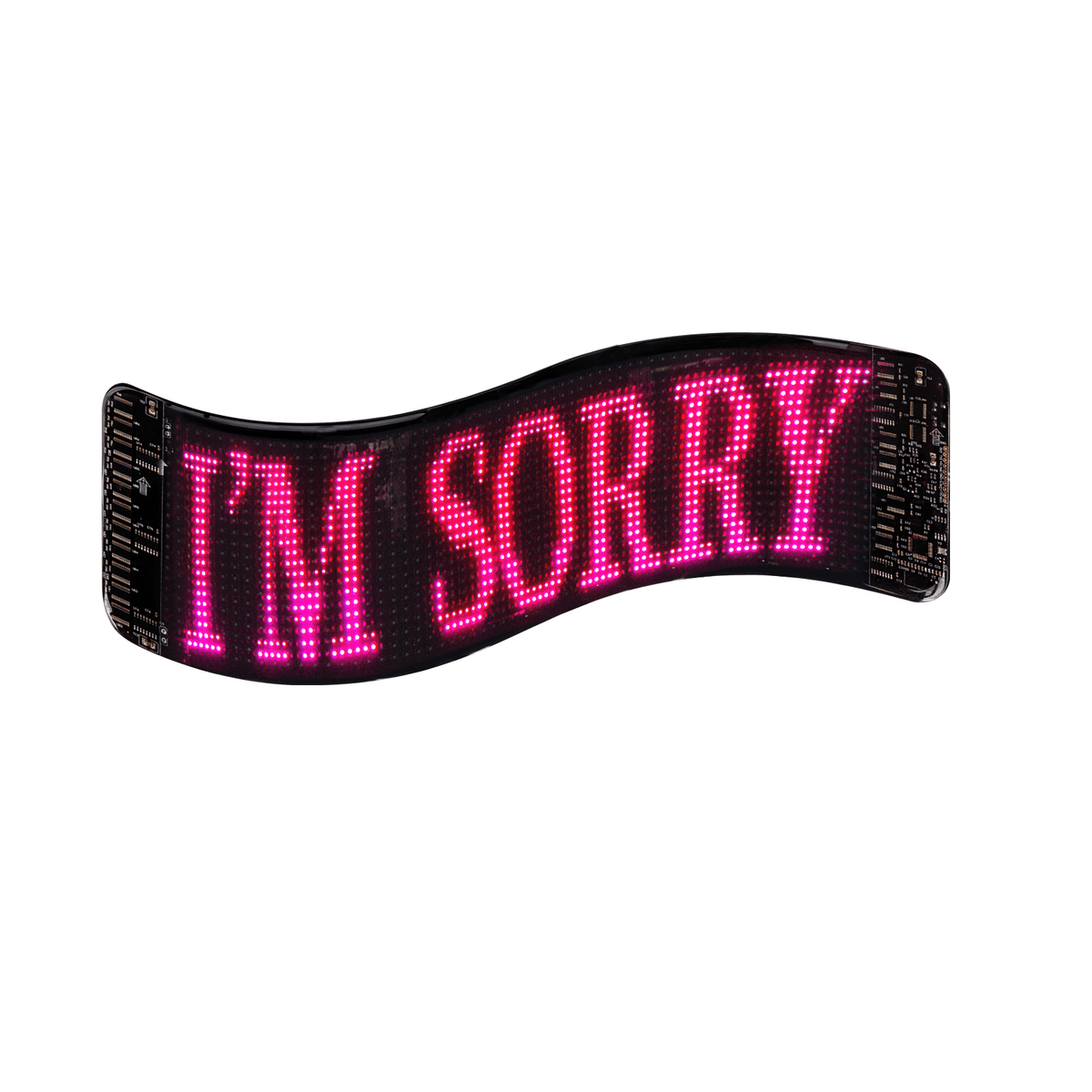 Car LED display showing a customizable message reading "I'M SORRY" in bright pink lights.