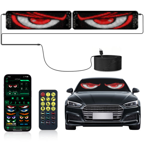 Gelrova Car LED Display with Demon Eyes, dual screens, remote control, and smartphone app for smart control.