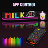 Controlling the programmable Gelrova LED Car Sign via Bluetooth with a smartphone app, customizing text, graphics, and music visualizer effects.