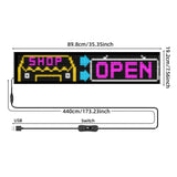 Detailed dimensions of the LED Car Sign, showing its 35.35-inch length and 7.56-inch height, along with a 14.7ft USB power cable with an inline switch.
