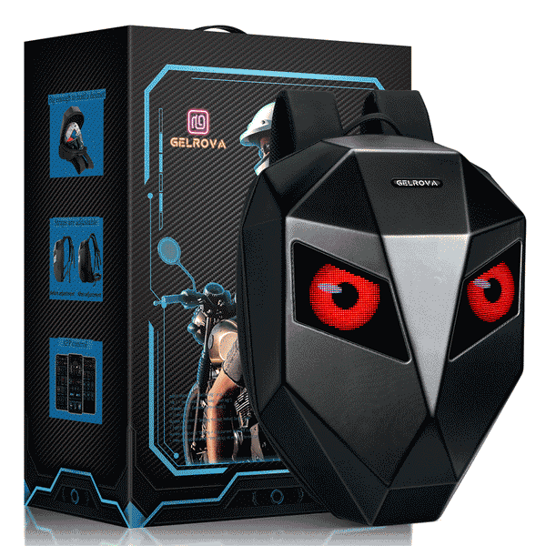 Gelrova LED Motorcycle Backpack - Knight Series with customizable LED eyes, showcasing its hard shell and stylish design.