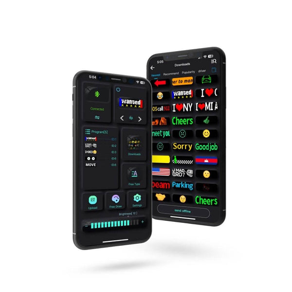 Two smartphones displaying the Gelrova app interface with customizable GIFs and text options for the LED display.