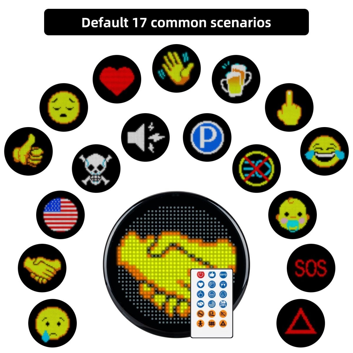 Default 17 scenarios of Gelrova LED Car Sign with remote control icons for driver communication and feedback.