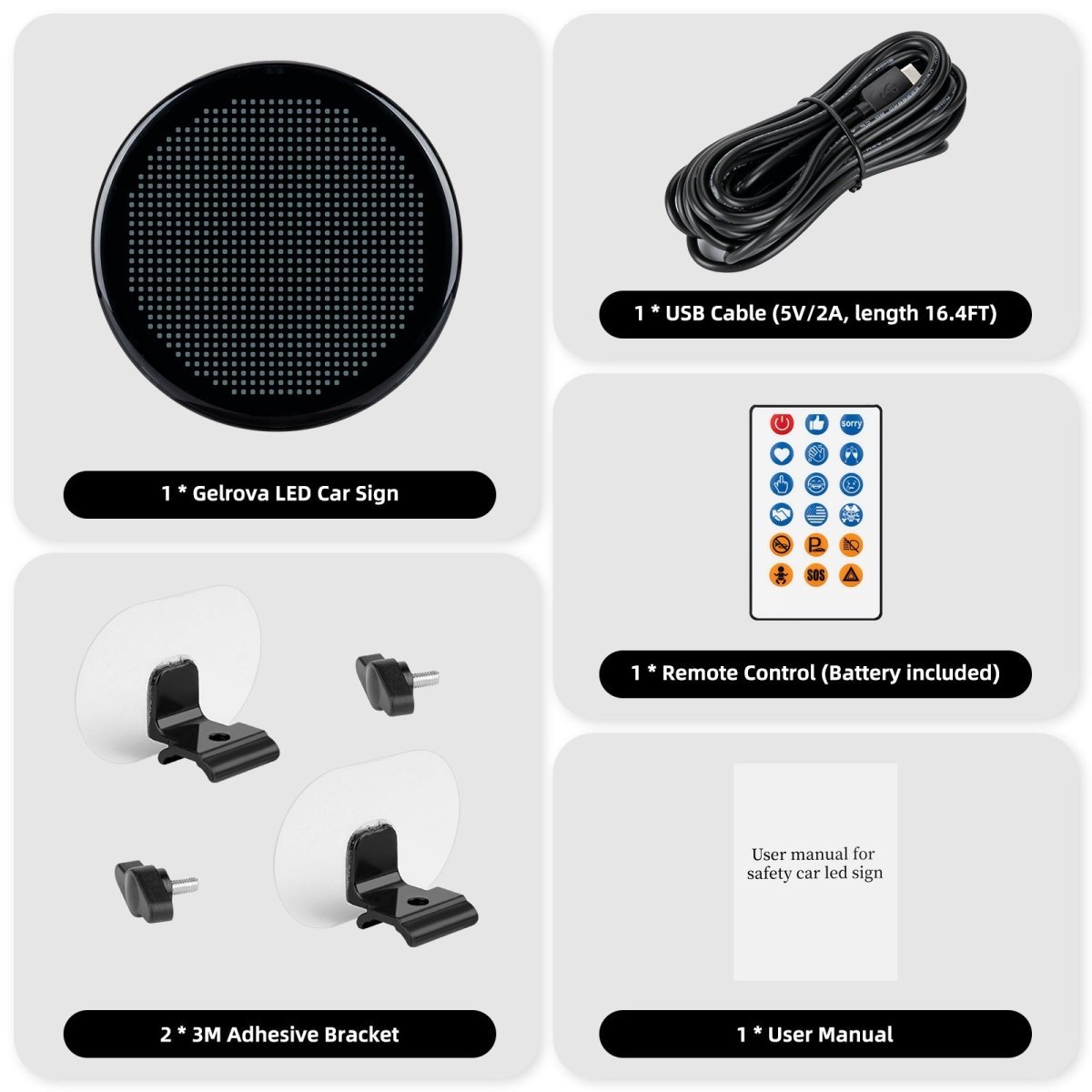 Gelrova LED Car Sign - Car star 5 Daily Version with accessories including remote control, USB cable, brackets, and user manual.