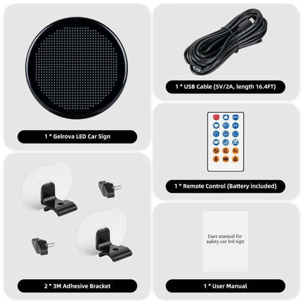 Gelrova LED Car Sign - Car star 5 Daily Version with accessories including remote control, USB cable, brackets, and user manual.