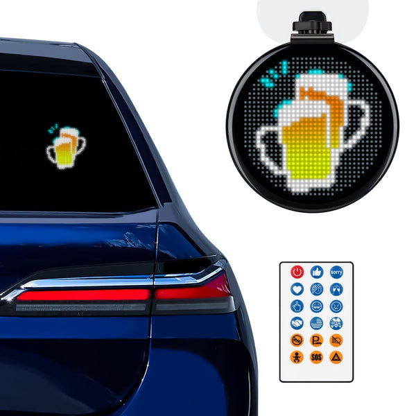 Gelrova LED Car Sign - Car star 5 Daily Version displayed on a car window, featuring a beer icon and gesture options.