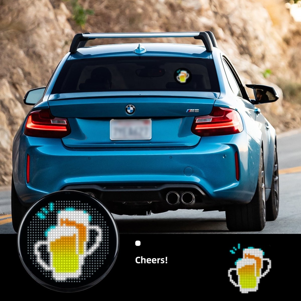 Gelrova LED Car Sign displayed on a blue BMW, showing a cheerful beer icon while driving.