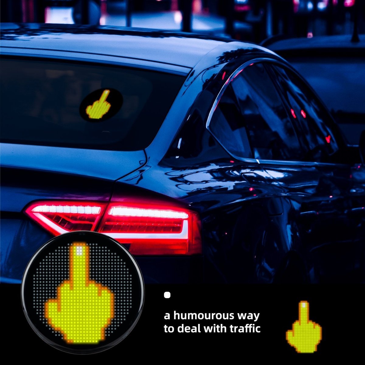Gelrova LED Car Sign showing humorous gesture on car window for safe driver feedback and fun communication.