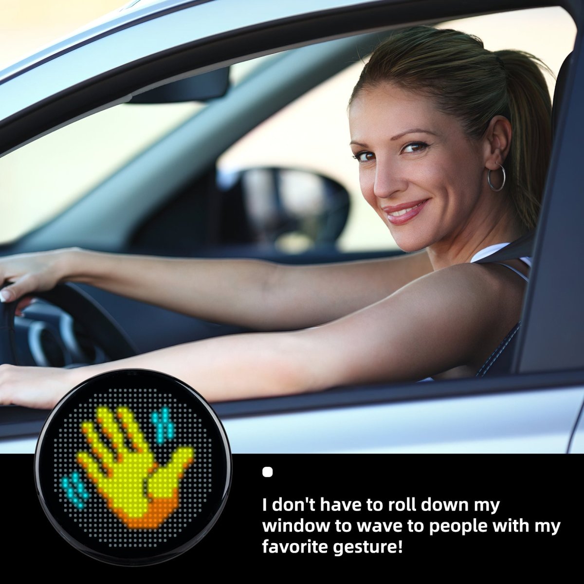 Woman smiling in car using Gelrova LED Car Sign - Car star 5 Daily Version to communicate gestures safely.
