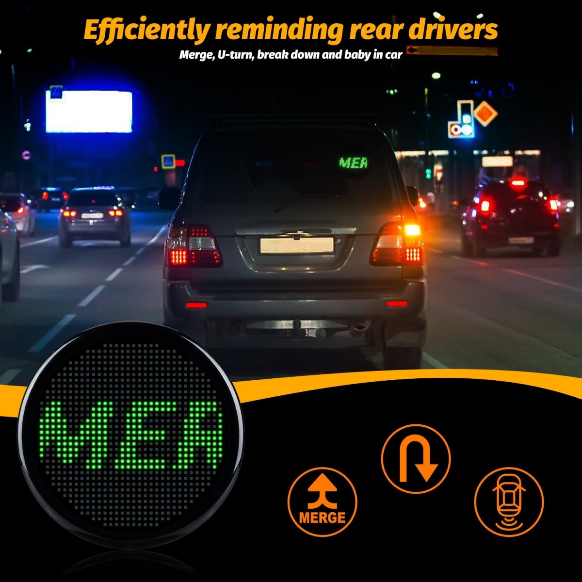 Gelrova LED Car Sign on vehicle, displaying signals for merging and safe driving reminders at night.
