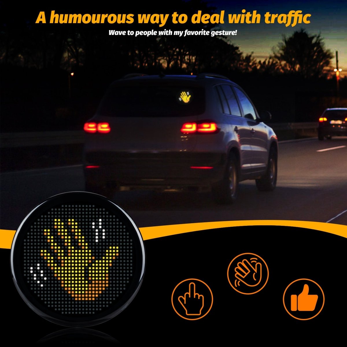 Gelrova LED Car Sign - Car Star 5 Driver Version displaying a humorous hand gesture for traffic while driving at night.
