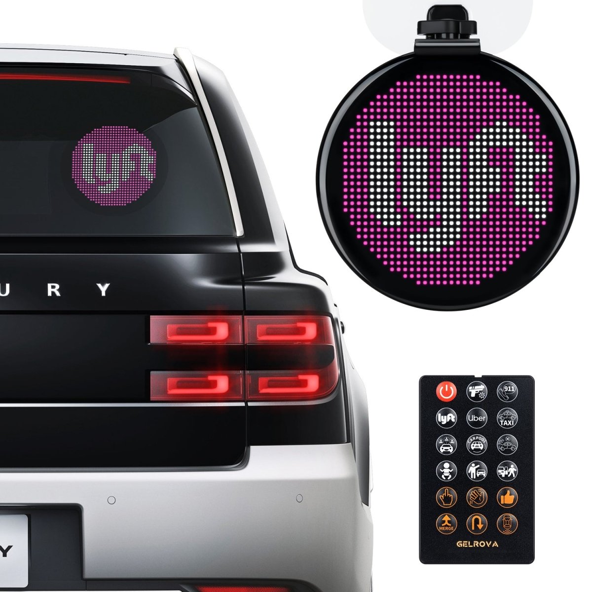 Gelrova LED Car Sign - Car Star 5 Driver Version mounted on a car with remote control, featuring Lyft logo display.