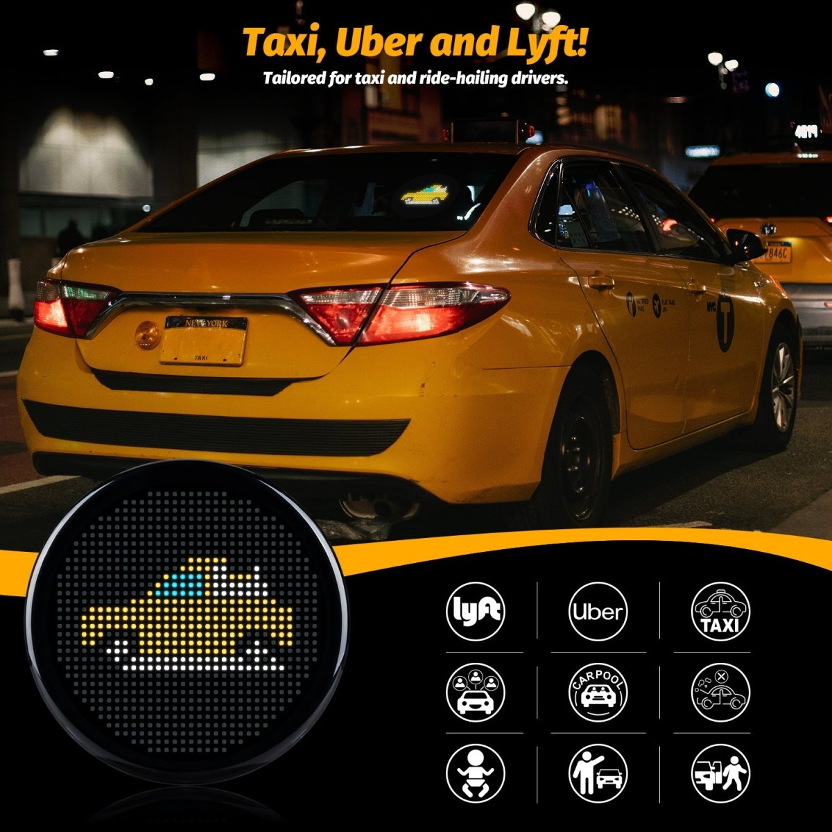 Gelrova LED Car Sign - Car Star 5 Driver Version displayed on a taxi, featuring signals for Uber and Lyft drivers.