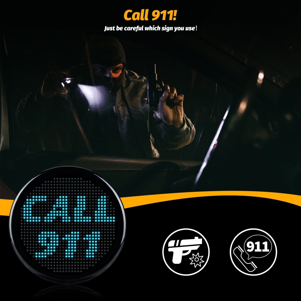 Gelrova LED Car Sign - Car Star 5 Driver Version displaying emergency signal to call 911 with a dramatic background.