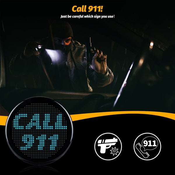 Gelrova LED Car Sign - Car Star 5 Driver Version displaying emergency signal to call 911 with a dramatic background.