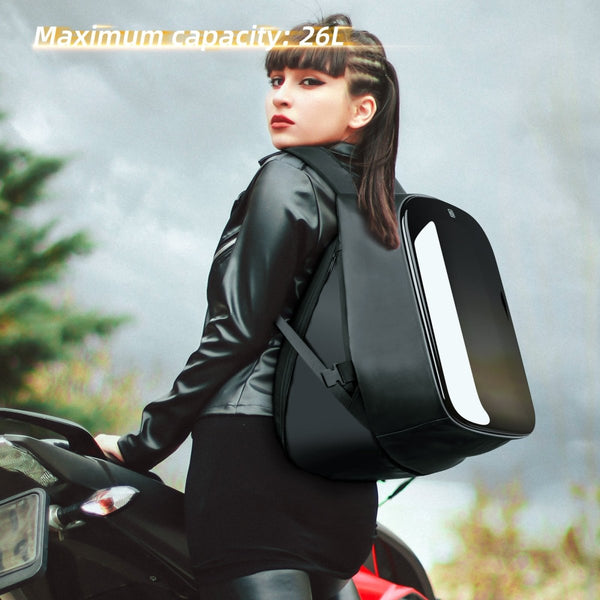 Gelrova LED Motorcycle Backpack in black, showcasing its 26L capacity and stylish design, perfect for riders.