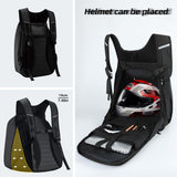 Gelrova LED Motorcycle Backpack displaying interior space for helmet and compartments for tech gear