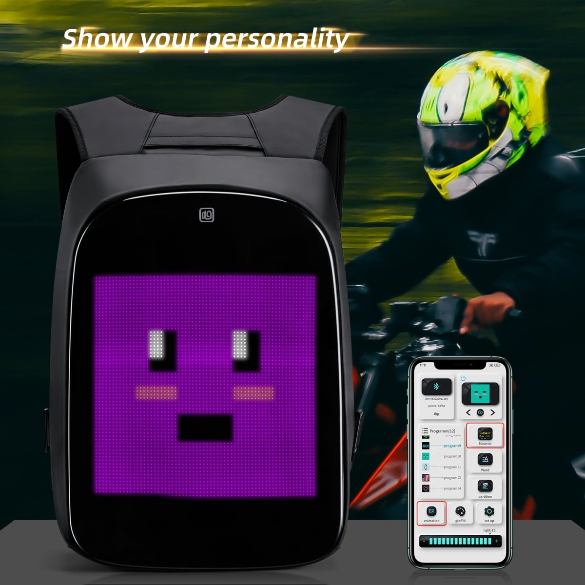 Gelrova LED Motorcycle Backpack with customizable display, showing pixel art and connected phone app.