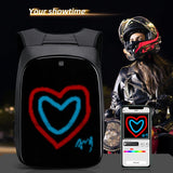 Gelrova LED Motorcycle Backpack with customizable heart design displayed, alongside smartphone app for settings control.