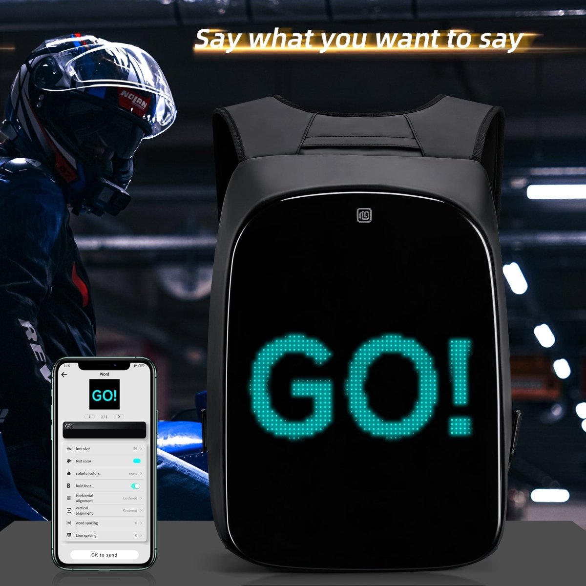 Gelrova LED Motorcycle Backpack with customizable display and app control for personalized messages.