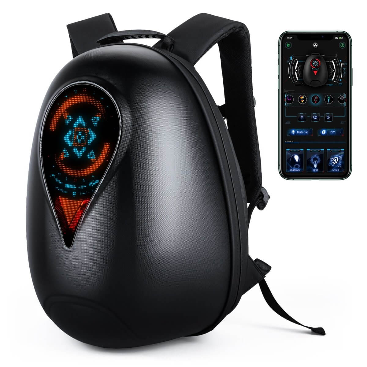 Gelrova Motorcycle LED Backpack - Sea Heart Series with LED display and mobile app control, in black color.