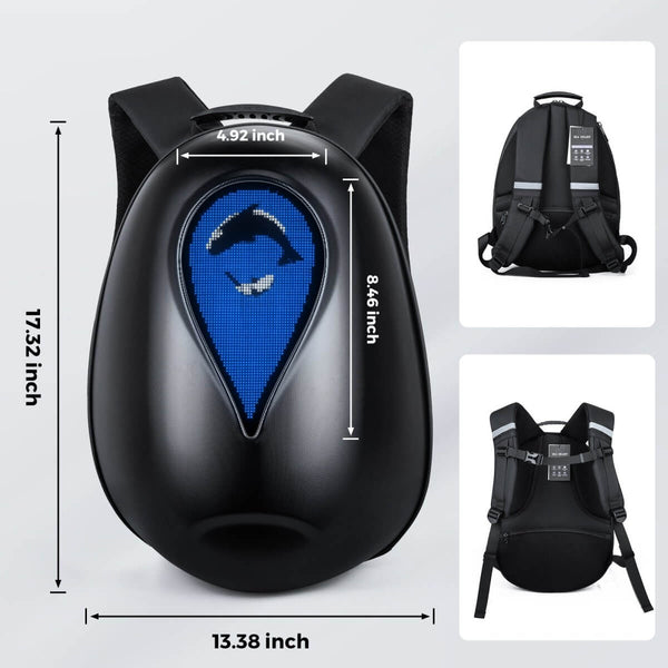 Gelrova Motorcycle LED Backpack - Sea Heart Series, black, with LED display, dimensions 17.32" x 13.38" x 8.46".