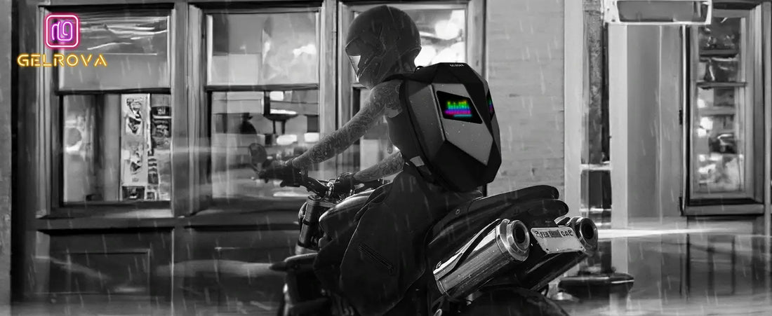 Rider on motorcycle with Gelrova LED motorcycle backpack with LED eyes in urban setting, emphasizing visibility and safety.