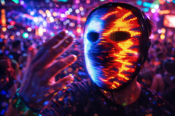 A group of friends wearing different Gelrova Light Up Masks at a neon party, featuring the flagship CyberFace X with HD display.