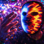 A group of friends wearing different Gelrova Light Up Masks at a neon party, featuring the flagship CyberFace X with HD display.