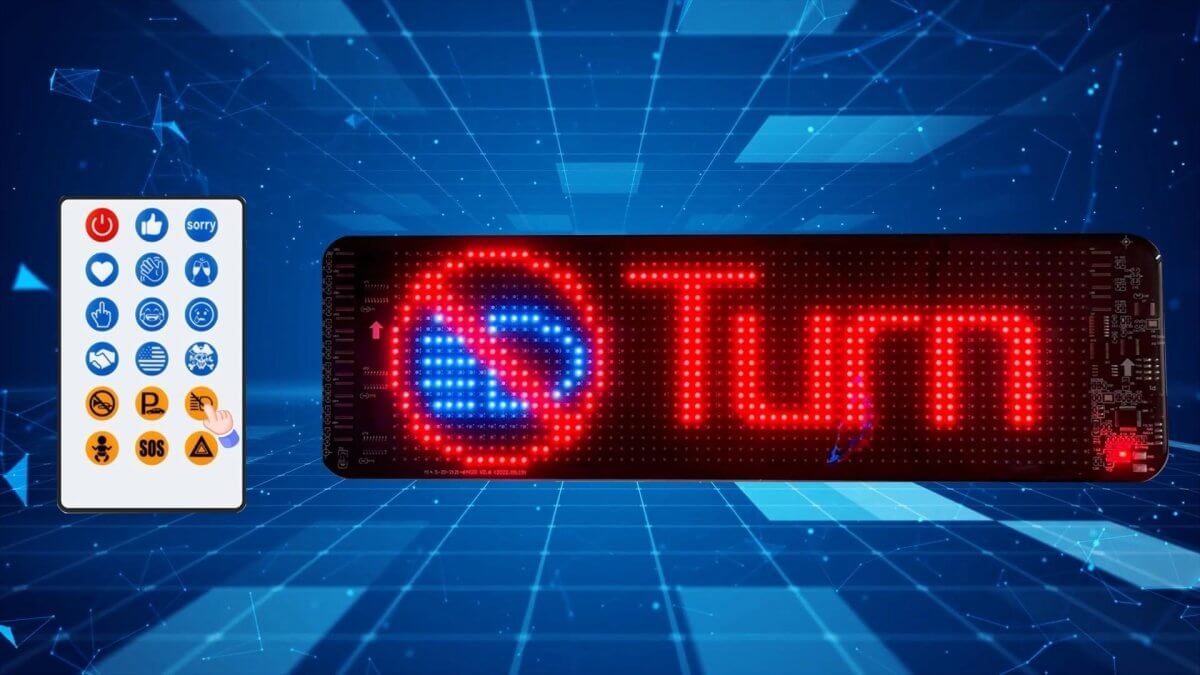 Car sign light -Carstar 6 showing a red LED display with 'Turn' and a remote control on the side.