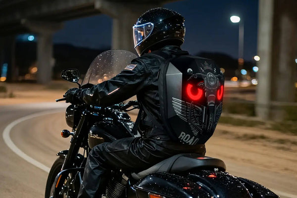 Motorcyclist riding at night wearing the Gelrova Knight Series LED motorcycle backpack with a glowing red devil eyes display, featured in the best LED backpack 2026 review.