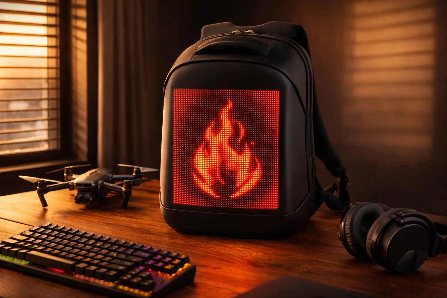 A smart LED backpack featured in a high-end tech desk setup alongside other cool gadgets for men like drones and mechanical keyboards.