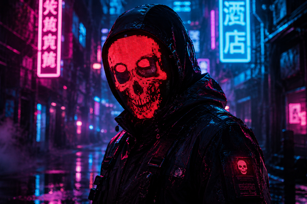 A close-up of a person wearing the Gelrova CyberFace X, the coolest LED Halloween mask with a glowing red skull display on a neon street.