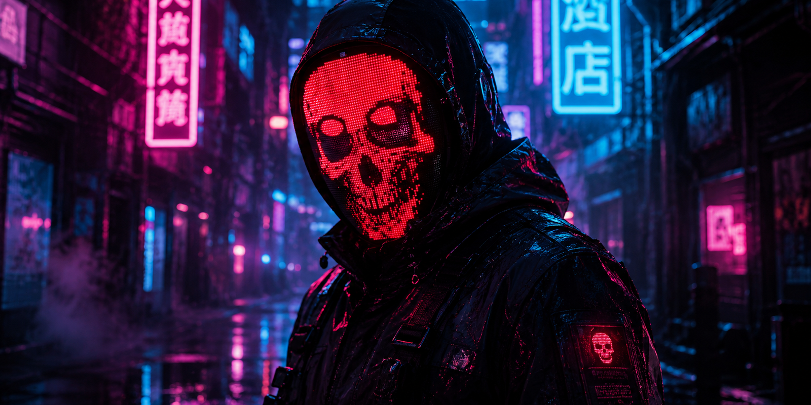 A close-up of a person wearing the Gelrova CyberFace X, the coolest LED Halloween mask with a glowing red skull display on a neon street.